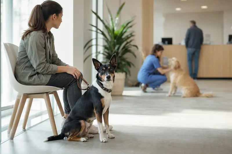 Ein ruhiger baskischer Ratero Hund sitzt neben seinem Besitzer in einem hellen und modernen Wartezimmer einer Tierarztpraxis.